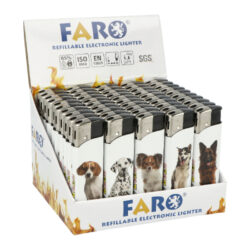 Zapalovač FARO Piezo Pets Dogs - Plynový zapalovač FARO Piezo Pets Dogs. Plnitelný zapalovač s nastavením intenzity plamene. Prodej pouze po celém balení (displej) 50 ks. Výška zapalovače 8,1cm.