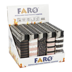 Zapalovač FARO Piezo Stripes - Plynový zapalovač FARO Piezo Stripes. Plnitelný zapalovač s nastavením intenzity plamene. Prodej pouze po celém balení (displej) 50 ks. Výška zapalovače 8,2cm.