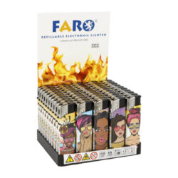 Zapalovač FARO Piezo Popart - Plynový zapalovač FARO Piezo Popart. Plnitelný zapalovač s možností nastavení výšky plamene. Prodej pouze po celém balení (displej) 50 ks. Výška zapalovače 8 cm.