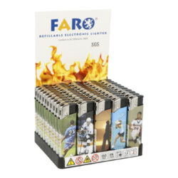 Zapalovač FARO Piezo Sports - Plynový zapalovač FARO Piezo Sports. Plnitelný zapalovač s možností nastavení výšky plamene. Prodej pouze po celém balení (displej) 50 ks. Výška zapalovače 8 cm.