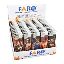 Zapalovač Faro Piezo Muscles - Plynový zapalovač. Zapalovač je plnitelný. Prodej pouze po celém balení (displej) 50 ks. Výška zapalovače 8cm.